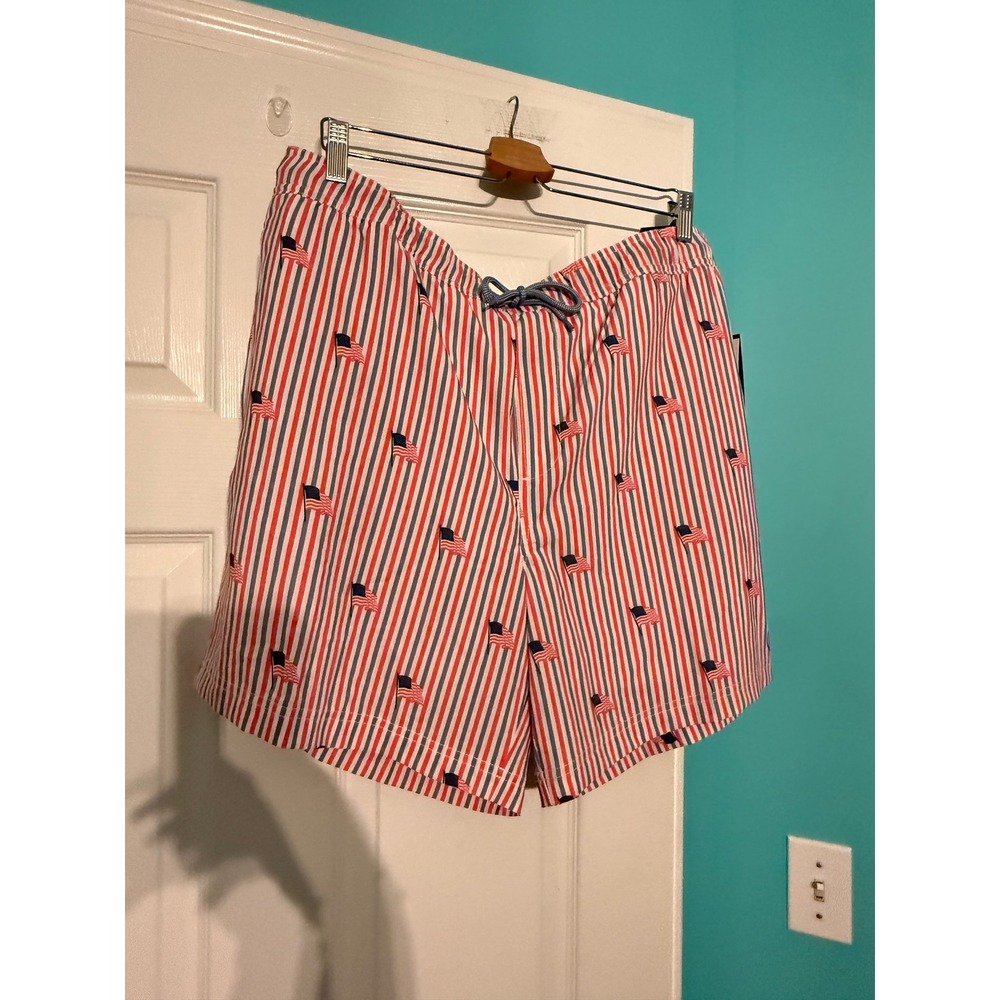 Trinity Coast Mens Swim Trunks XL Red White Blue US Flag Stripe 7 Inseam NWT